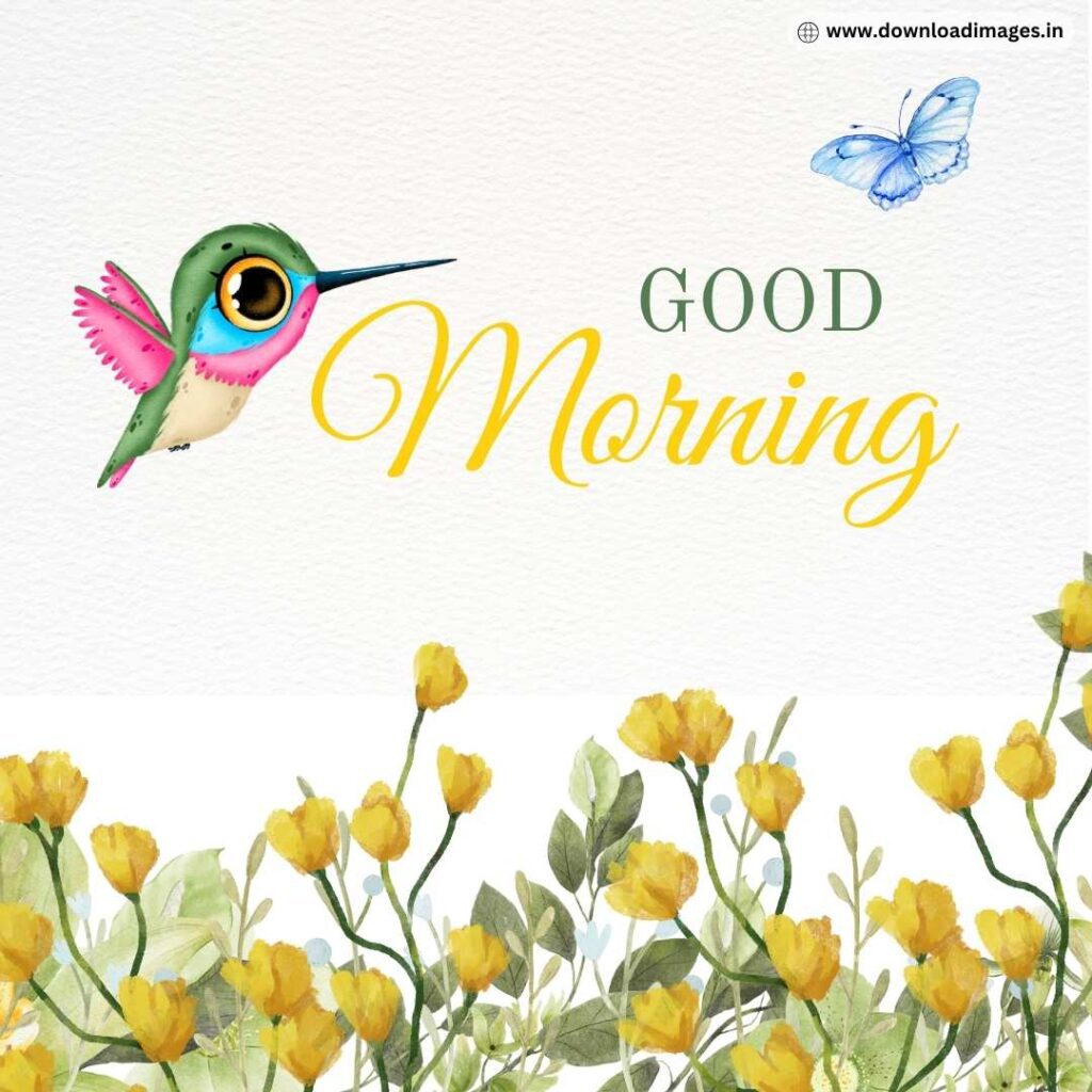 in a beautiful garden, above the yellow and sky blue - flowers a humming bird is wishing a very good morning